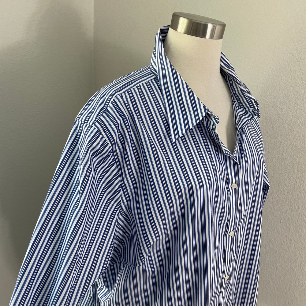 Chaps Womens Plus 2X Blue White Striped No Iron Button Up Shirt‎ Long Sleeve - Picture 2 of 7